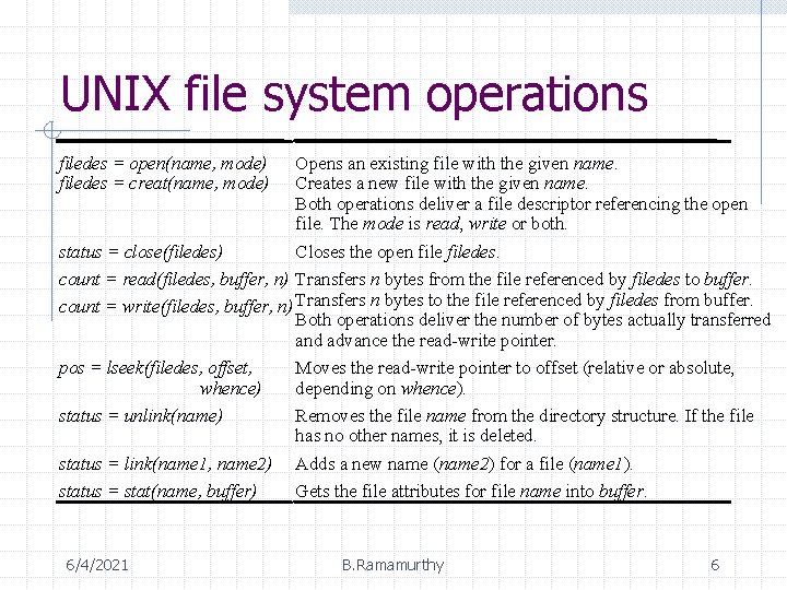 UNIX file system operations filedes = open(name, mode) filedes = creat(name, mode) Opens an