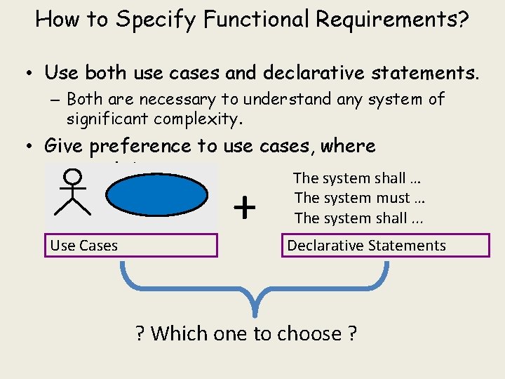 How to Specify Functional Requirements? • Use both use cases and declarative statements. –