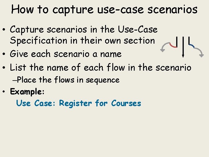 How to capture use-case scenarios • Capture scenarios in the Use-Case Specification in their