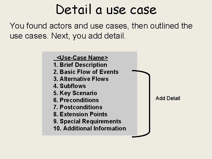 Detail a use case You found actors and use cases, then outlined the use
