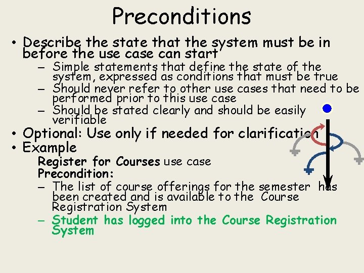 Preconditions • Describe the state that the system must be in before the use