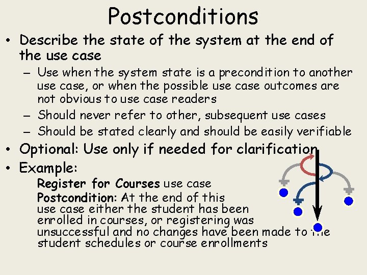 Postconditions • Describe the state of the system at the end of the use