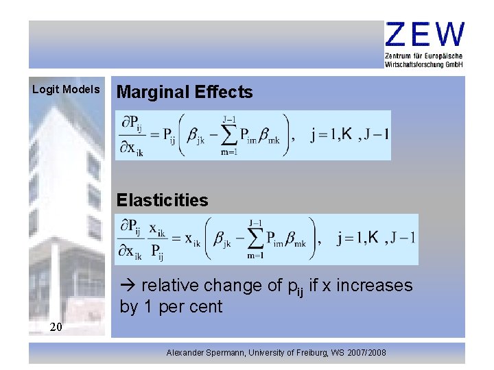 Logit Models Marginal Effects Elasticities relative change of pij if x increases by 1