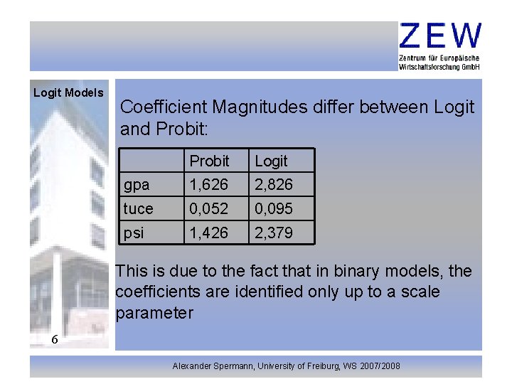 Logit Models Coefficient Magnitudes differ between Logit and Probit: Probit Logit gpa 1, 626