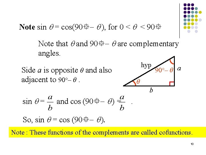 Note sin = cos(90 ), for 0 < < 90 Note that and 90