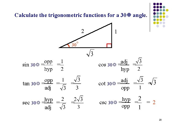 Calculate the trigonometric functions for a 30 angle. 2 1 30 sin 30 =