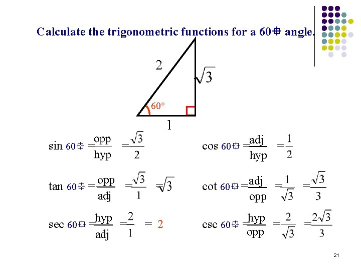 Calculate the trigonometric functions for a 60 angle. 2 60○ 1 sin 60 =