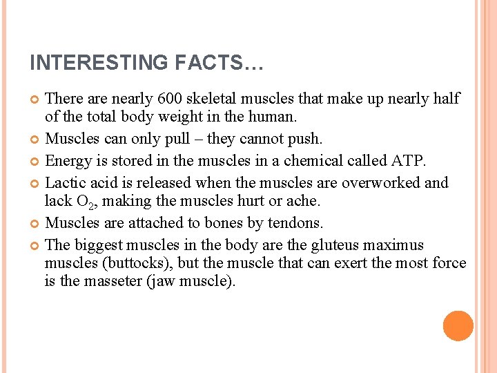 INTERESTING FACTS… There are nearly 600 skeletal muscles that make up nearly half of