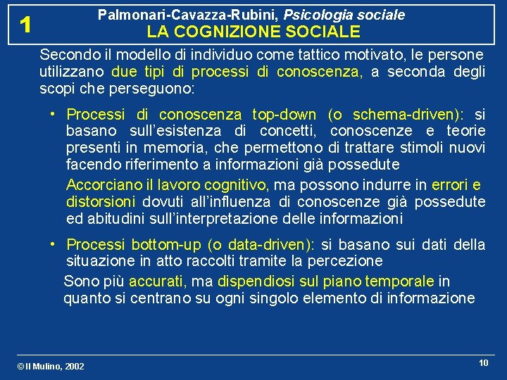 Palmonari-Cavazza-Rubini, Psicologia sociale 1 LA COGNIZIONE SOCIALE Secondo il modello di individuo come tattico