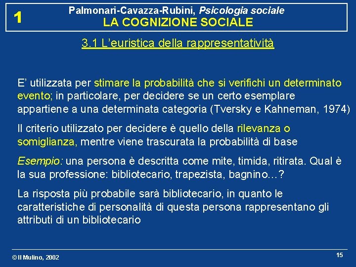 1 Palmonari-Cavazza-Rubini, Psicologia sociale LA COGNIZIONE SOCIALE 3. 1 L’euristica della rappresentatività E’ utilizzata
