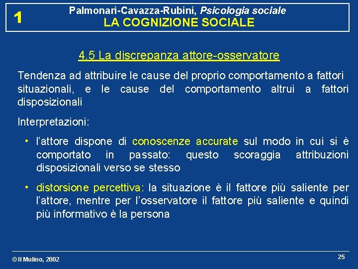 Palmonari-Cavazza-Rubini, Psicologia sociale 1 LA COGNIZIONE SOCIALE 4. 5 La discrepanza attore-osservatore Tendenza ad