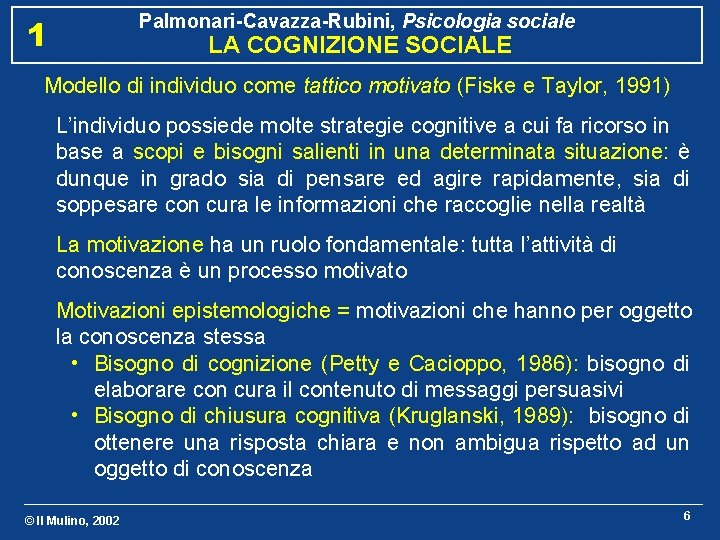 Palmonari-Cavazza-Rubini, Psicologia sociale 1 LA COGNIZIONE SOCIALE Modello di individuo come tattico motivato (Fiske