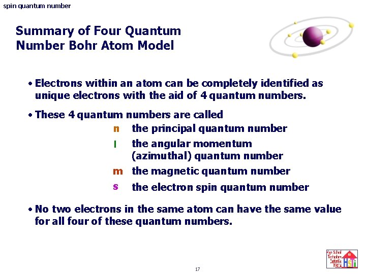 spin quantum number Summary of Four Quantum Number Bohr Atom Model • Electrons within