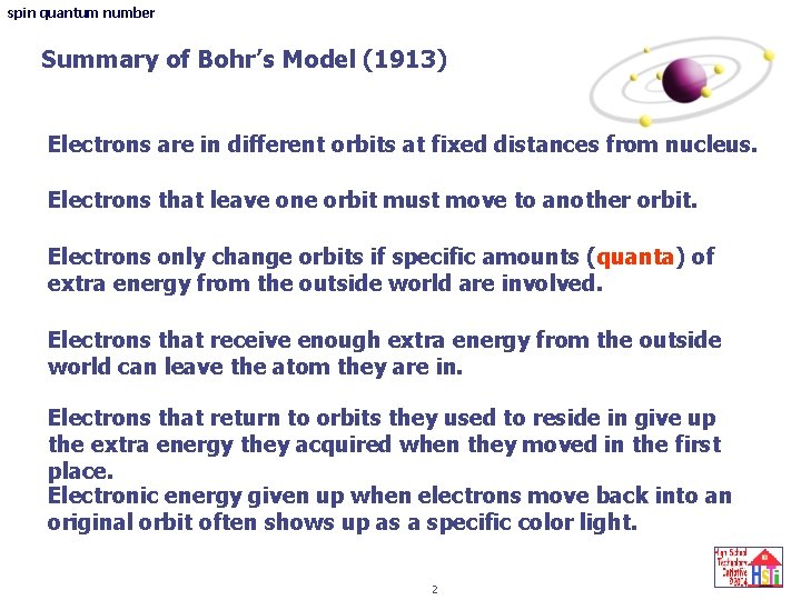 spin quantum number Summary of Bohr’s Model (1913) Electrons are in different orbits at