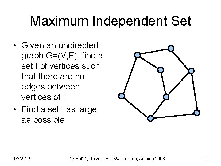 Maximum Independent Set • Given an undirected graph G=(V, E), find a set I