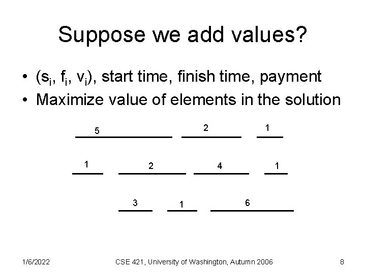 Suppose we add values? • (si, fi, vi), start time, finish time, payment •