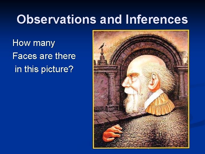 Observations and Inferences How many Faces are there in this picture? Observations and Inferences How many Faces are there in this picture?