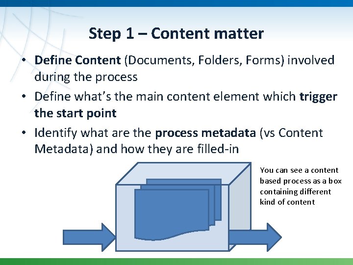Step 1 – Content matter • Define Content (Documents, Folders, Forms) involved during the