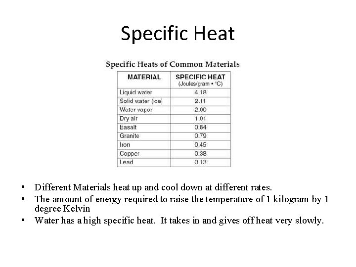 Specific Heat • Different Materials heat up and cool down at different rates. •