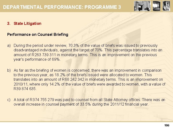 DEPARTMENTAL PERFORMANCE: PROGRAMME 3 3. State Litigation Performance on Counsel Briefing a) During the