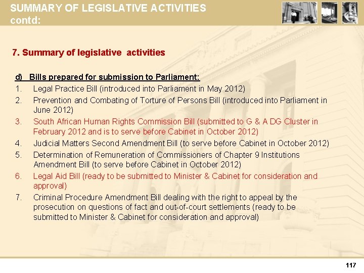 SUMMARY OF LEGISLATIVE ACTIVITIES contd: 7. Summary of legislative activities d) Bills prepared for