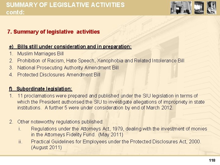SUMMARY OF LEGISLATIVE ACTIVITIES contd: 7. Summary of legislative activities e) 1. 2. 3.