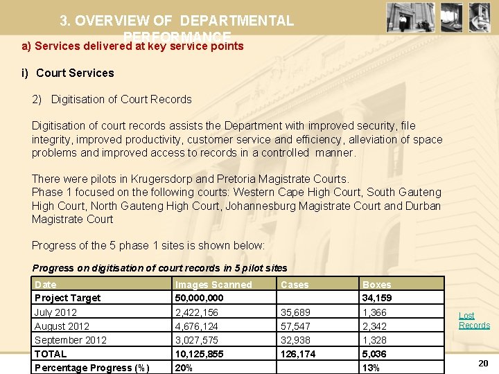 3. OVERVIEW OF DEPARTMENTAL PERFORMANCE a) Services delivered at key service points i) Court