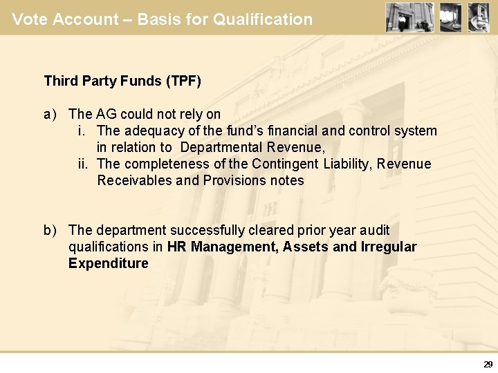 Vote Account – Basis for Qualification Third Party Funds (TPF) a) The AG could
