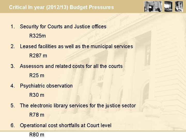 Critical In year (2012/13) Budget Pressures 1. Security for Courts and Justice offices R