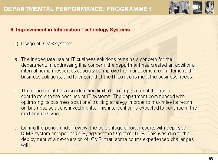 DEPARTMENTAL PERFORMANCE: PROGRAMME 1 6. Improvement in Information Technology Systems iii) Usage of ICMS