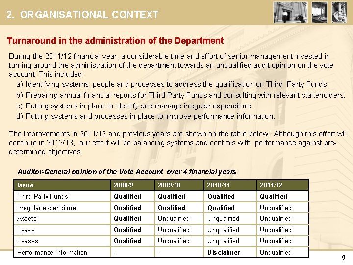 2. ORGANISATIONAL CONTEXT Turnaround in the administration of the Department During the 2011/12 financial