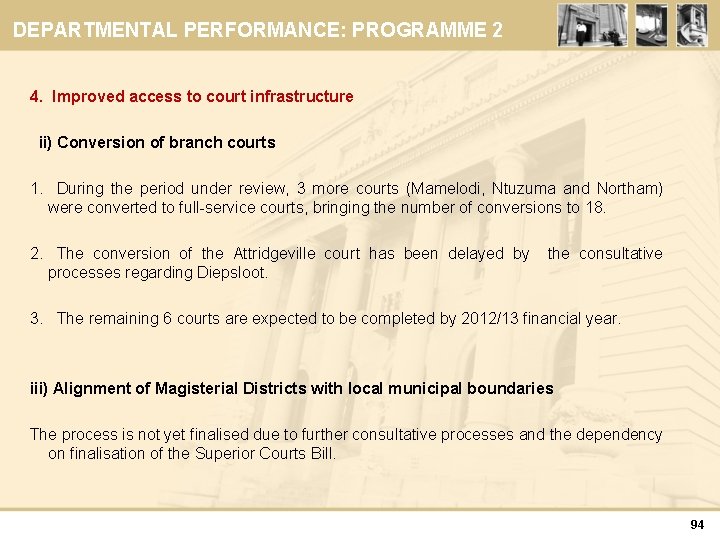 DEPARTMENTAL PERFORMANCE: PROGRAMME 2 4. Improved access to court infrastructure ii) Conversion of branch