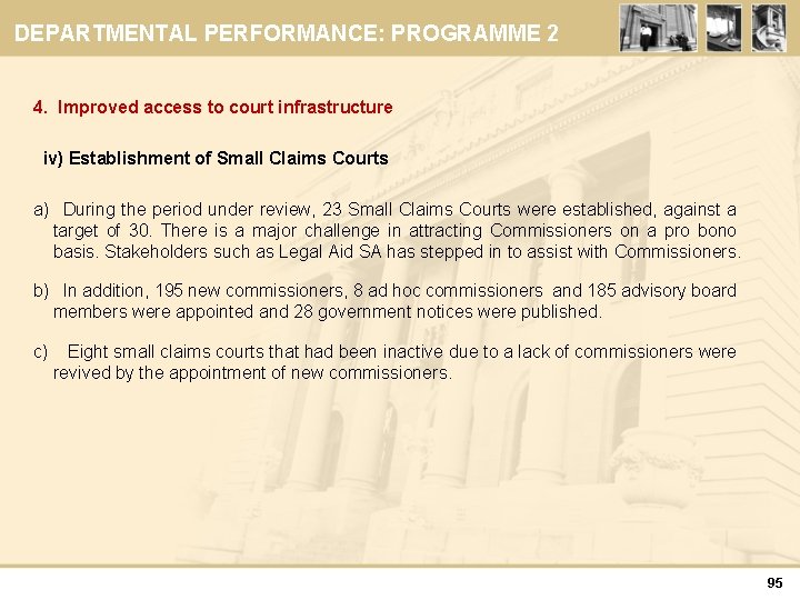 DEPARTMENTAL PERFORMANCE: PROGRAMME 2 4. Improved access to court infrastructure iv) Establishment of Small