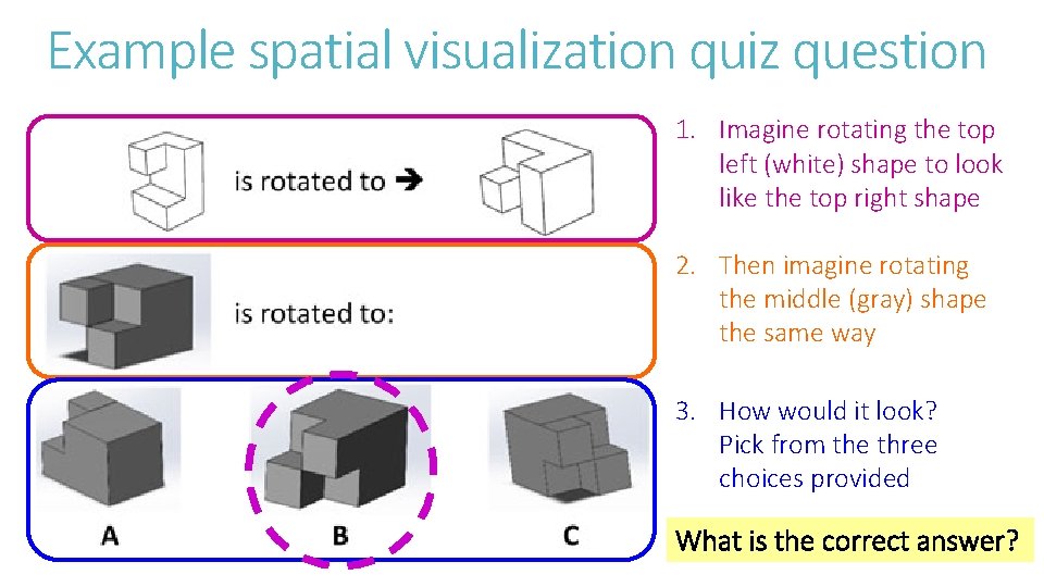 Example spatial visualization quiz question 1. Imagine rotating the top left (white) shape to