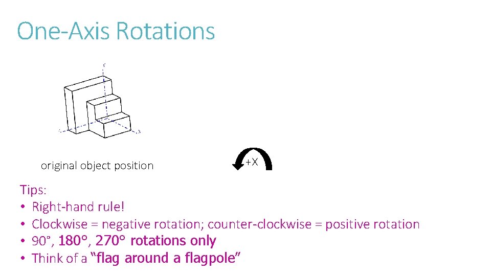 One-Axis Rotations original object position +X -X Tips: • Right-hand rule! • Clockwise =