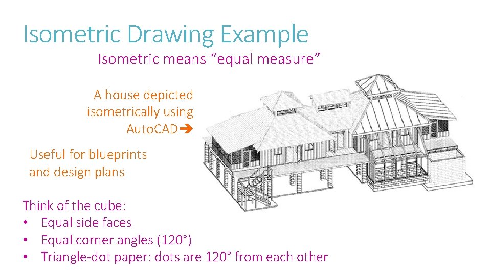 Isometric Drawing Example Isometric means “equal measure” A house depicted isometrically using Auto. CAD