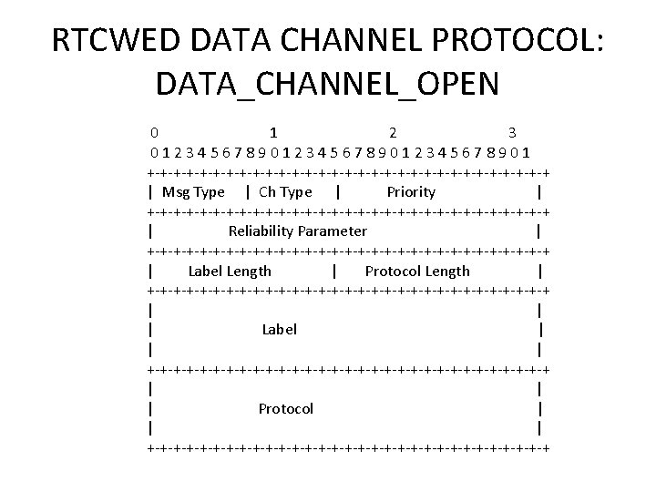 RTCWED DATA CHANNEL PROTOCOL: DATA_CHANNEL_OPEN 0 1 2 3 0123456789012345678901 +-+-+-+-+-+-+-+-+-+-+-+-+-+-+-+ | Msg Type
