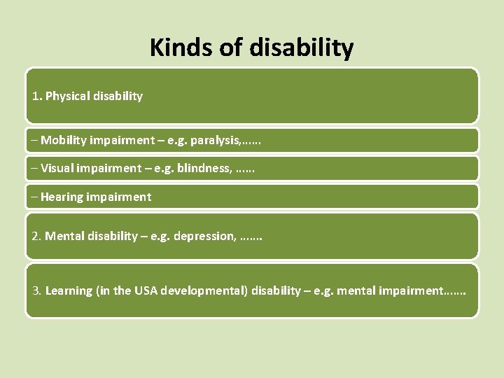 Kinds of disability 1. Physical disability – Mobility impairment – e. g. paralysis, ……
