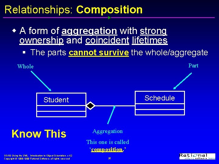 Relationships: Composition w A form of aggregation with strong ownership and coincident lifetimes §