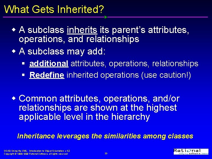 What Gets Inherited? w A subclass inherits parent’s attributes, operations, and relationships w A