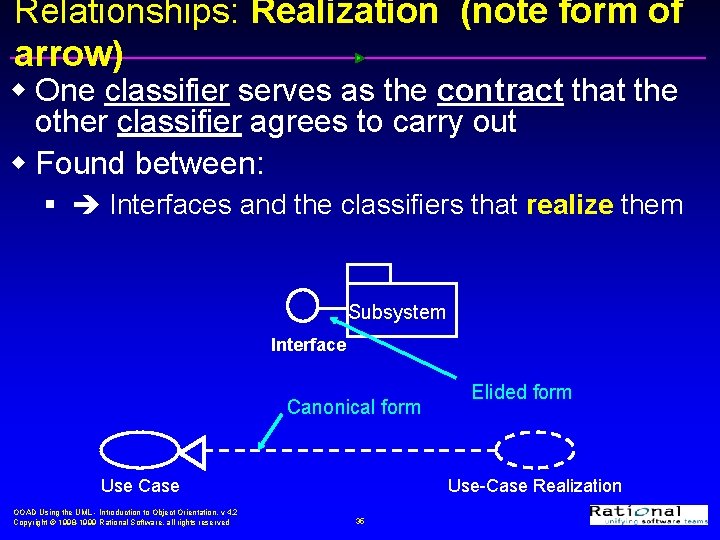 Relationships: Realization (note form of arrow) w One classifier serves as the contract that