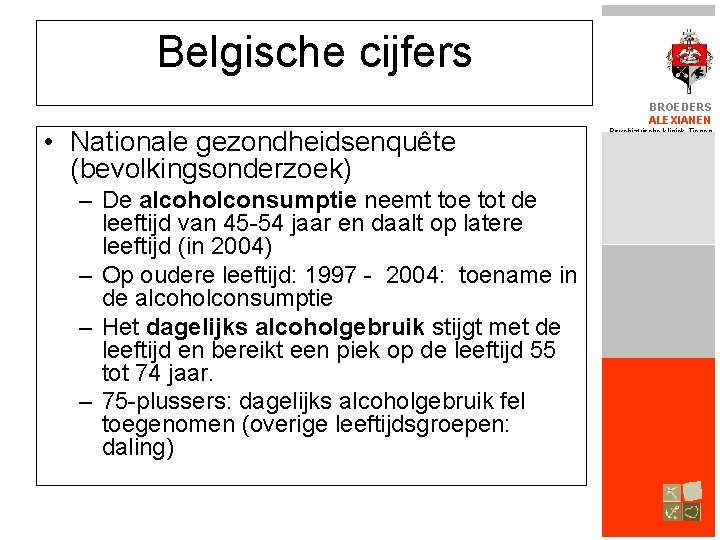 Belgische cijfers • Nationale gezondheidsenquête (bevolkingsonderzoek) – De alcoholconsumptie neemt toe tot de leeftijd