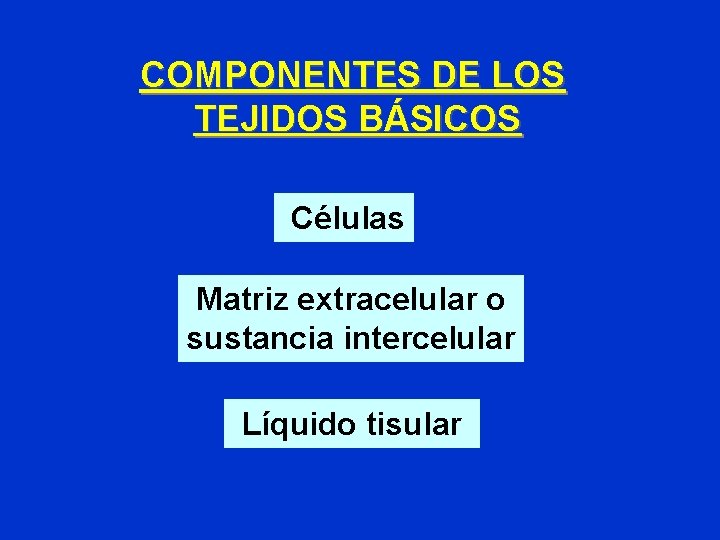 COMPONENTES DE LOS TEJIDOS BÁSICOS Células Matriz extracelular o sustancia intercelular Líquido tisular COMPONENTES DE LOS TEJIDOS BÁSICOS Células Matriz extracelular o sustancia intercelular Líquido tisular