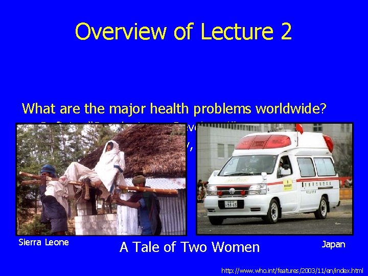 Overview of Lecture 2 What are the major health problems worldwide? Defining “Developing vs