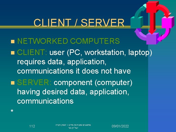 CLIENT / SERVER NETWORKED COMPUTERS n CLIENT: user (PC, workstation, laptop) requires data, application,