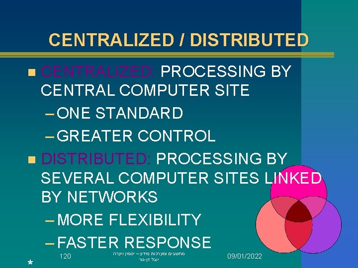 CENTRALIZED / DISTRIBUTED CENTRALIZED: PROCESSING BY CENTRAL COMPUTER SITE – ONE STANDARD – GREATER