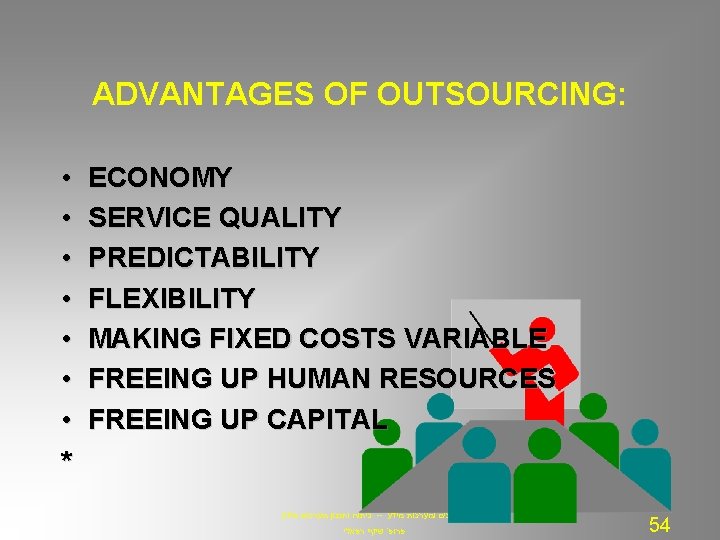 ADVANTAGES OF OUTSOURCING: • • ECONOMY SERVICE QUALITY PREDICTABILITY FLEXIBILITY MAKING FIXED COSTS VARIABLE