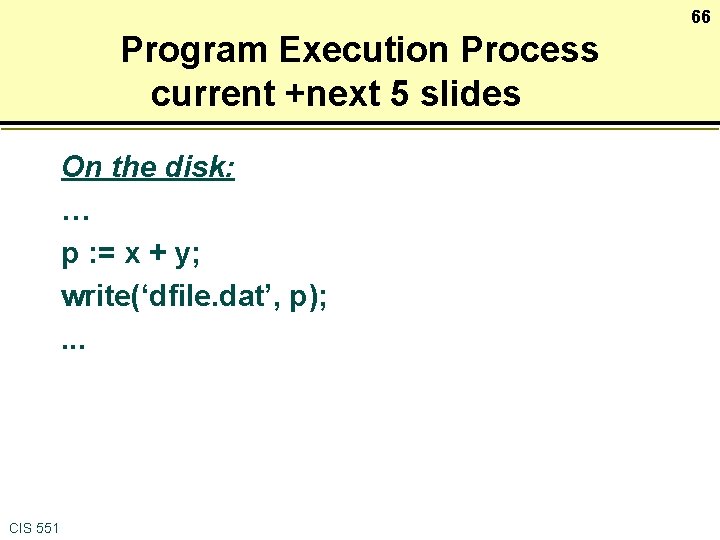 66 Program Execution Process current +next 5 slides On the disk: … p :
