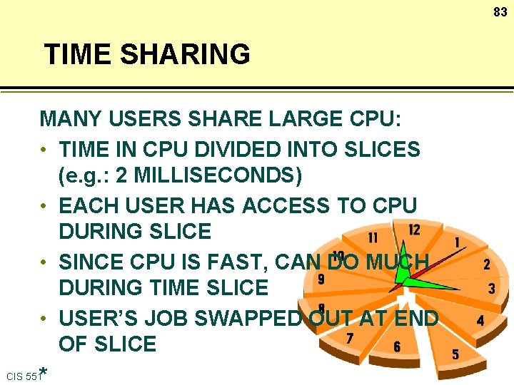 83 TIME SHARING MANY USERS SHARE LARGE CPU: • TIME IN CPU DIVIDED INTO