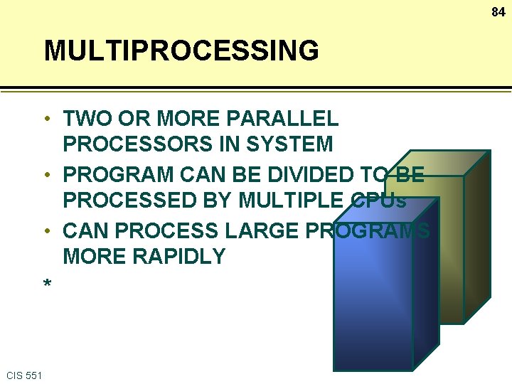 84 MULTIPROCESSING • TWO OR MORE PARALLEL PROCESSORS IN SYSTEM • PROGRAM CAN BE